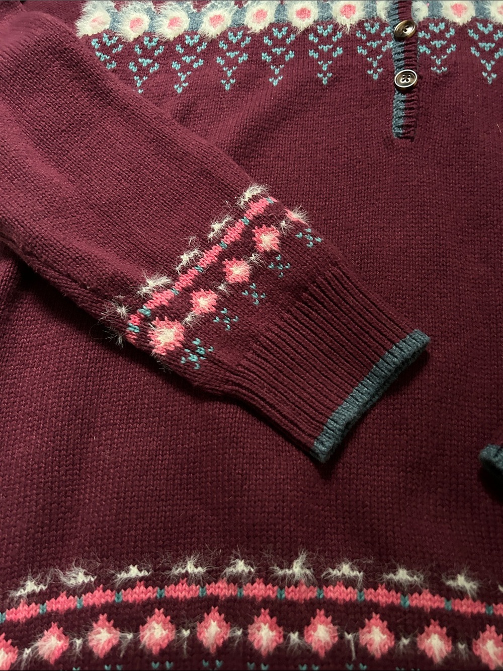 Sundance Fair Isle Sweater Burgundy Women's M Half Button Cotton Snowflake - Picture 4 of 13